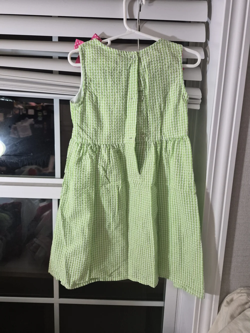 Rare Editions Light Green Seersucker Dress with Pink Bow & Watermelon Pockets